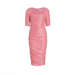 Badgley Mischka Ruched Sequin Cocktail Dress Bubblegum Pink 4 Party Wedding